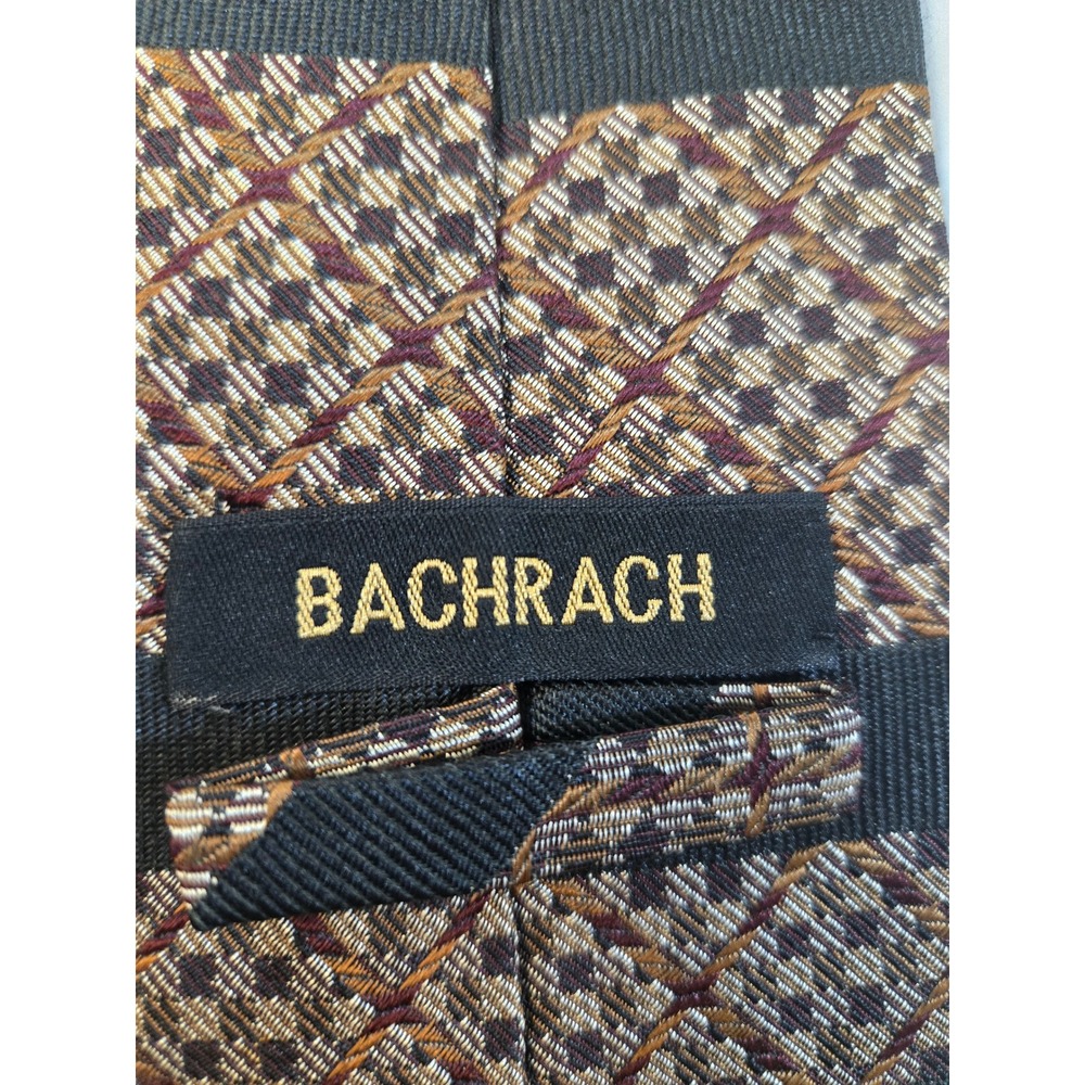 Bachrach Mens Silk Tie Geometric Checkered Striped‎ Black Brown Hand Sewn USA